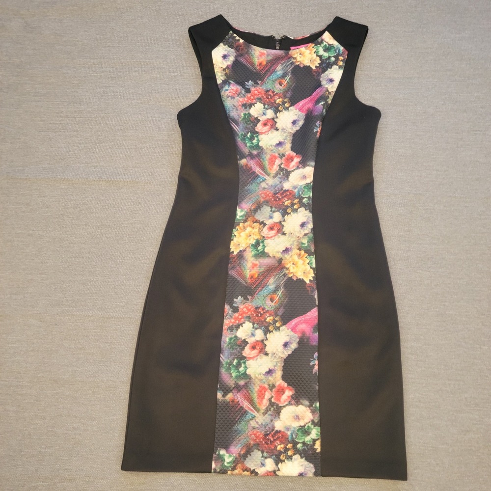 Betsey Johnson Floral Print Sheath Dress Black Sleeveless Size 6